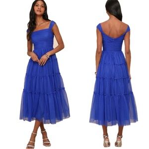 Lulu’s Moment of Perfection Blue Mesh Swiss Dot Tiered Midi Dress size XL